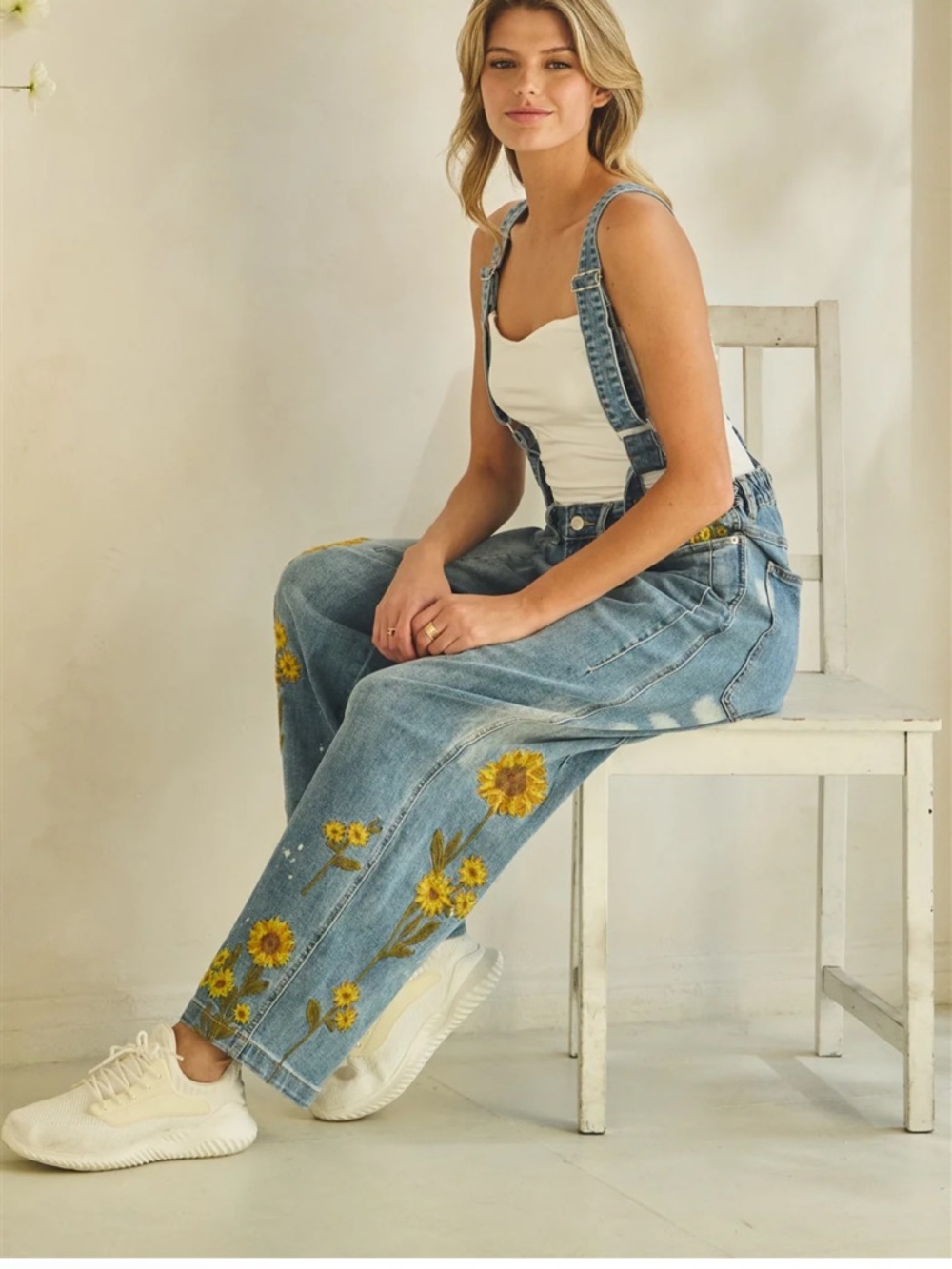💕LAST ONE! Oli & Hali Blue Denim Overalls with Sunflower Embroidery - Picture 7 of 12